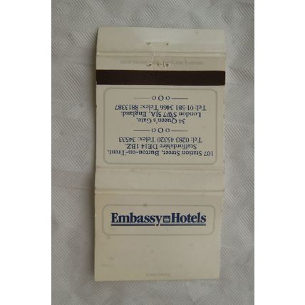 old Matchbook Cover - Embassy Hotels, Burton on Trent & London