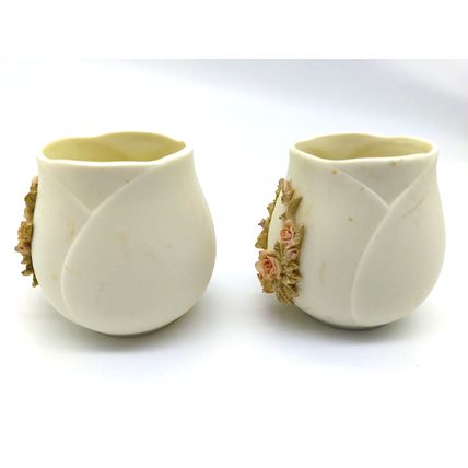 (2)Rose Shaped Small Vase/Vessel - Bone, off white color. Floral Wreath on front