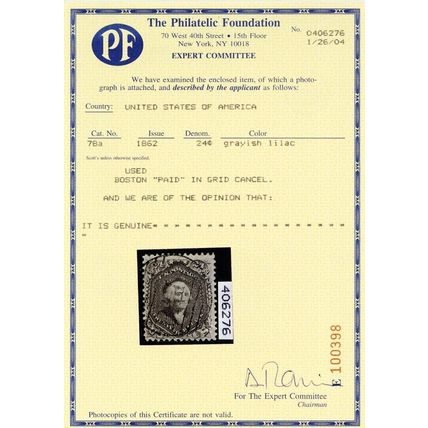 78a, Used VF 24¢ "PAID" Cancel - With PFC Certificate * Stuart Katz