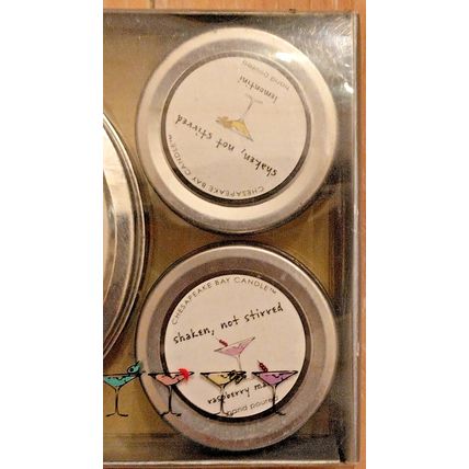 Chesapeake Bay Candle shaken, not stirred 4 Tin Candles 12 Coasters Gift Set NEW