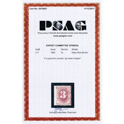J17, Mint NH 3¢ Postage Due - With PSAG Certificate $2500 - Stuart Katz