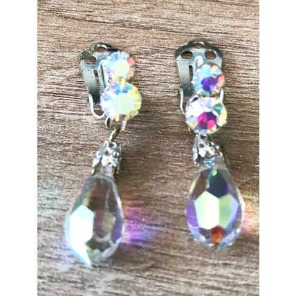 Earrings Aurora Borealis Crystal Pear Drop Clip-on Dangle Clip Faceted Ear Stud