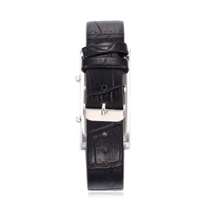 Long Black Dual Time Face Stainless Steel Back Black Leather Strap Watch