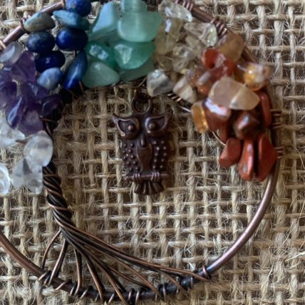 7 Chakra Stone Crystal Tree of Life Wire Wrapped Pendant Necklace w Copper Owl