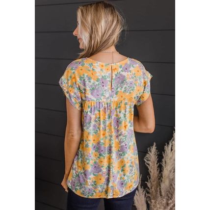 Yellow Floral Print Keyhole Back Short Sleeve Babydoll Blouse
