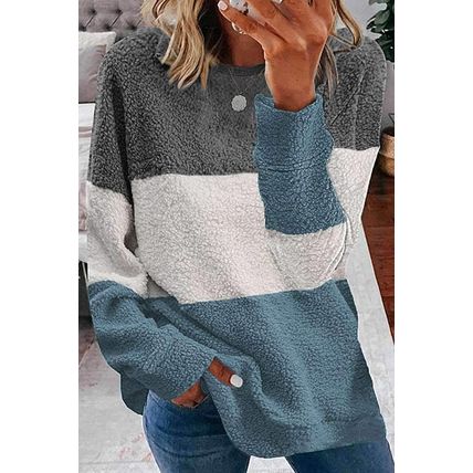 Gray Oversized Colorblock Plush Sweatshirt