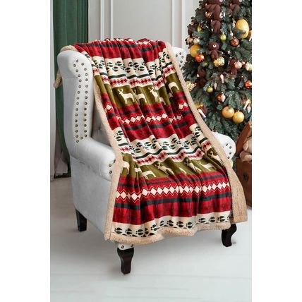Dark Green Christmas Elk Print Reversible Sherpa Fleece Blanket 130*150cm