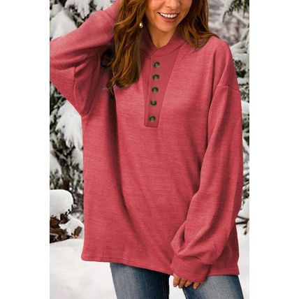 Red Plain Buttoned Henley Sweatshirt