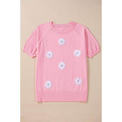 Pink Flower Pattern Short Sleeve Knitted Top