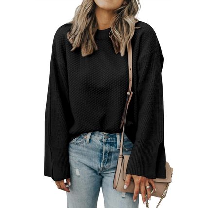 Black Solid Textured Knit Split Cuff Drop Shoulder Loose Sweater