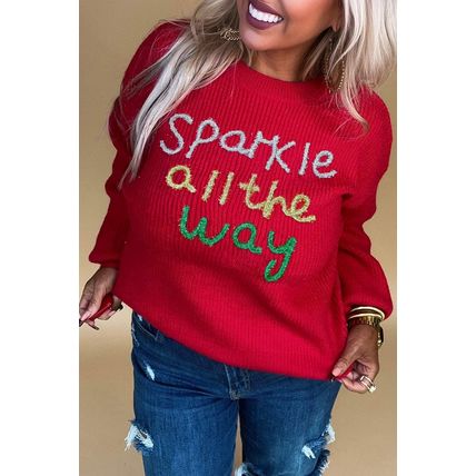 Racing Red Sparkle All The Way Tinsel Crew Neck Plus Size Sweater