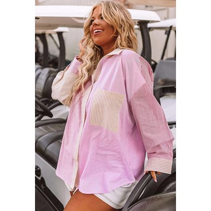 Pink Stripe Print Colorblock Plus Size Shirt