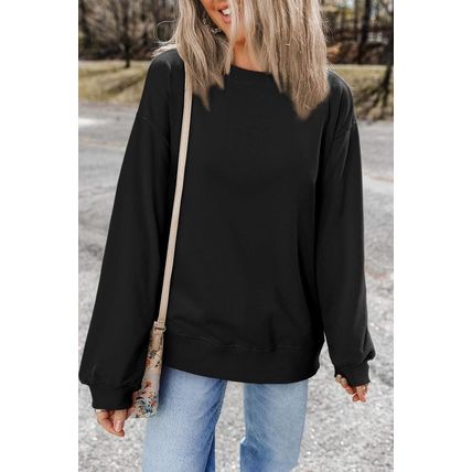 Black Plain Drop Shoulder Crewneck Pullover Sweatshirt