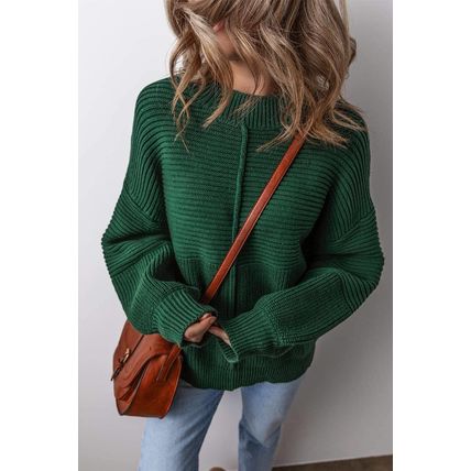 Blackish Green Textured Knit Crewneck Lantern Sleeve Sweater