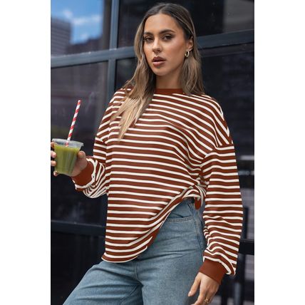 Coffee Striped Long Sleeve Round Neck Loose Top