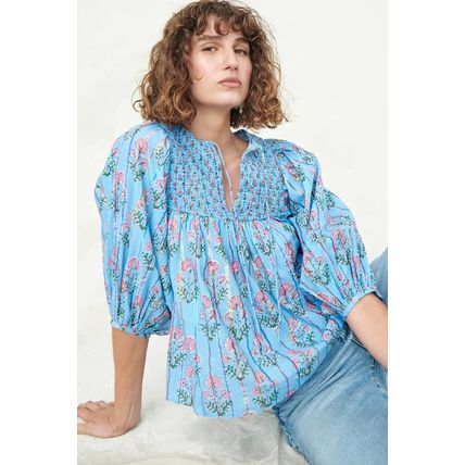 Sky Blue Floral Striped Print Shirred Yoke Split Neck Blouse