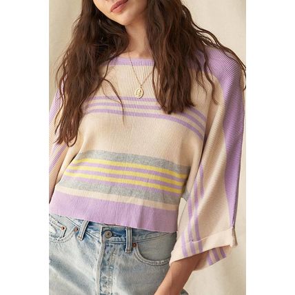 Purple Stripe Borderline Rib Knit Cuffed Dolman Sleeve Sweater
