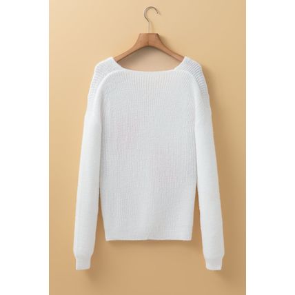 White Pearl Beaded Heart Pattern Fuzzy V Neck Sweater