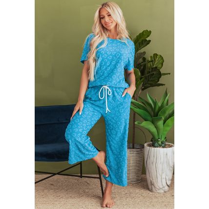 Blue Leopard Jacquard Short Sleeve Top and Wide Leg Pants Set