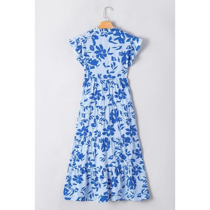 Sky Blue Floral Print Tiered Frilled Trim Flutter Sleeve Maxi Dress