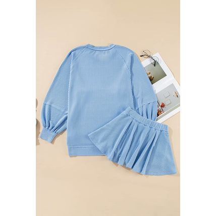 Sky Blue Corded Lantern Sleeve Top High Waist Ruffled Mini Skirt Set