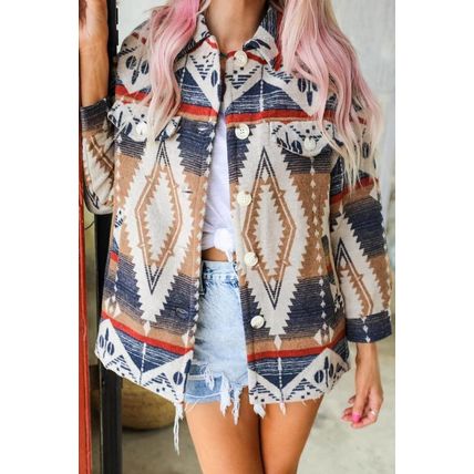 Multicolor Aztec Print Button-Up Oversized Jacket