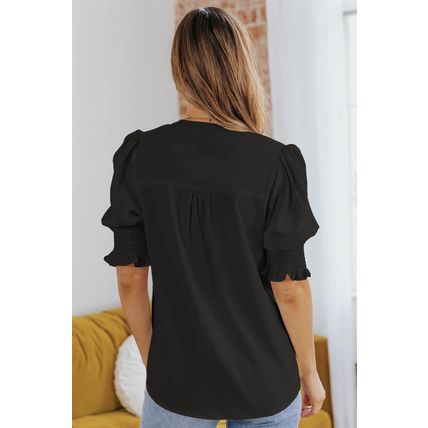 Black Solid Color Half Sleeve V Neck Blouse