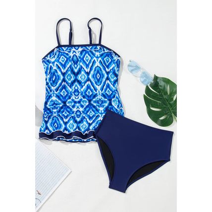Navy Blue Abstract Print Frilled Trim Spaghetti Straps Tankini Set