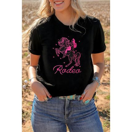 Black Cowgirl Rodeo Embroidered Pattern Western Fashion Tee