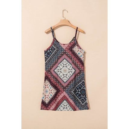 Red Geometric Paisley Print Sleeveless Shift Mini Dress