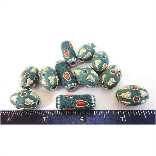 BEADS #ILM005a lot of 11 large mixed ornate Indian lacquer metal