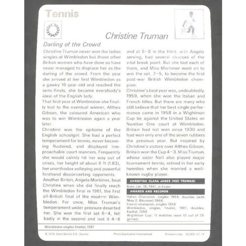 1978 Sportscaster Card CHRISTINE TRUMAN Italy "Darling of the Crowd"