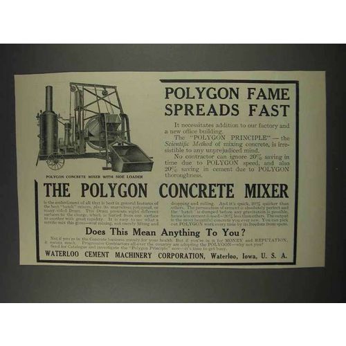 1910 Waterloo Cement Ad - Polygon Concrete Mixer