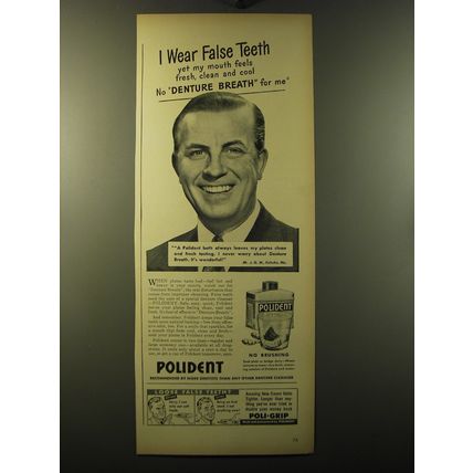 1949 Polident Denture Cleaner Ad - I wear false teeth yet my mouth feels fresh