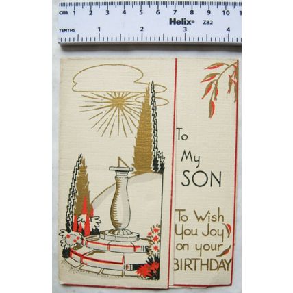 Vintage: birthday card - gold & red sun dial
