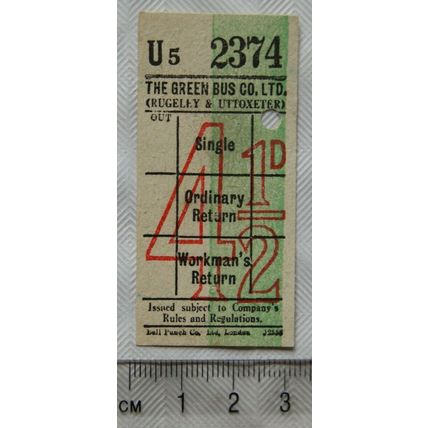 Vintage: ticket The Green Bus Service 4½d Rugeley & Uttoxeter
