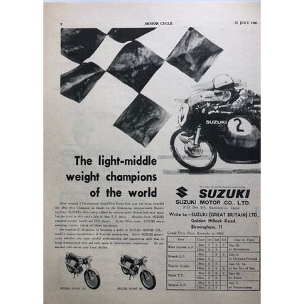 SUZUKI LIGHT MIDDLE WEIGHT CHAMPIONS OF THE WORLD 1963 VINTAGE MOTORCYCLE ADVERT