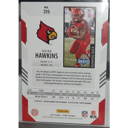 2021 Panini Score JAVIAN HAWKINS (Louisville Cardinals/Atlanta Falcons) RC #315