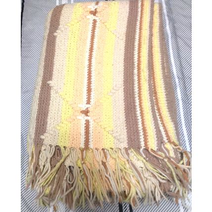 Crochet Vintage Handmade Afghan 48"x68" Pastel Peach Tan Yellow White Fringes