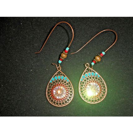 Delicate turquoise & red colour tribal native style bronze style kidney earrings