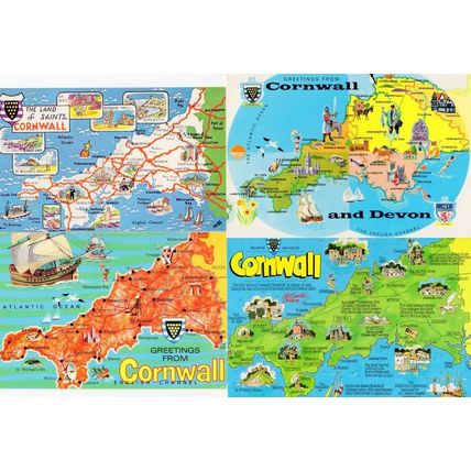 Cornwall Famous People & Places 4x Map Postcard s