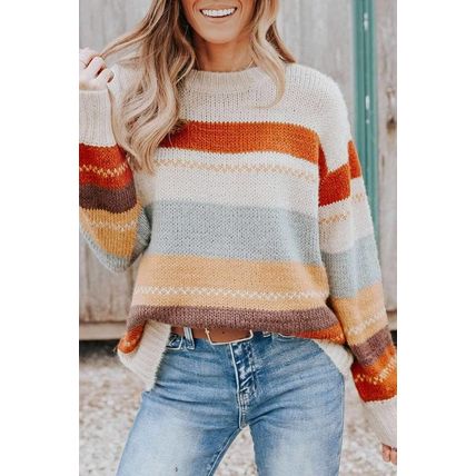 Crew Neck Drop-shoulder Striped Color Block Sweater