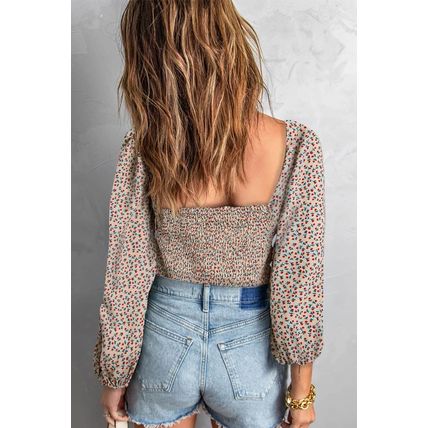 Apricot Square Neck Puff Sleeve Floral Smocked Top