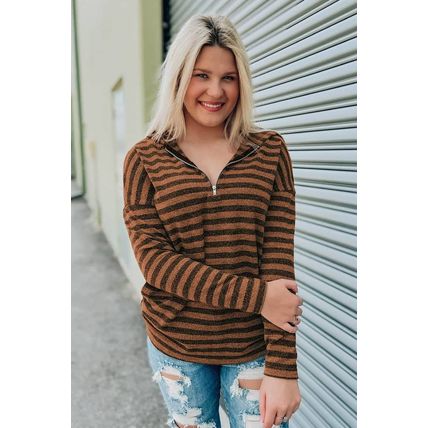 Brown Striped Knit Quarter Zip Hoodie