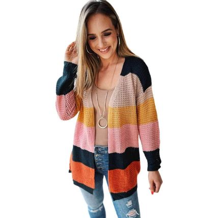 Waffle Knit Color Block Open Front Cardigan