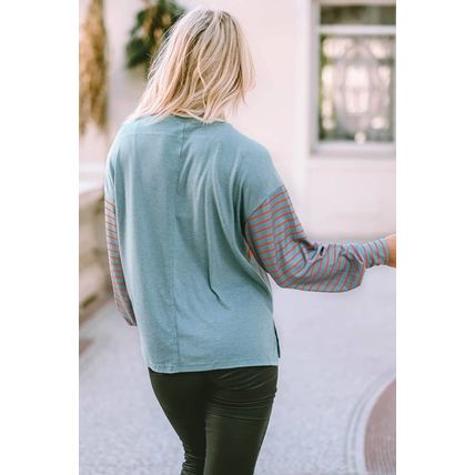 Green Colorblock Striped Bishop Sleeve Top