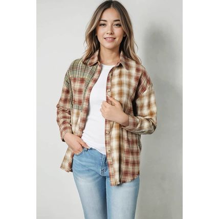 Brown Multi Plaid Patchwork Raw Edge Casual Shirt