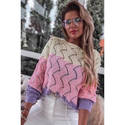 Pink Color Block Hollow Knitted Loose Sweater