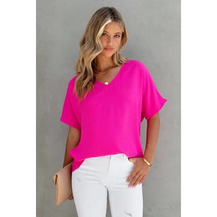 Rose Solid V Neck Short Sleeve Blouse