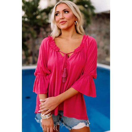 Rose Frilled Split V Neck Ruffled Sleeve Shift Top